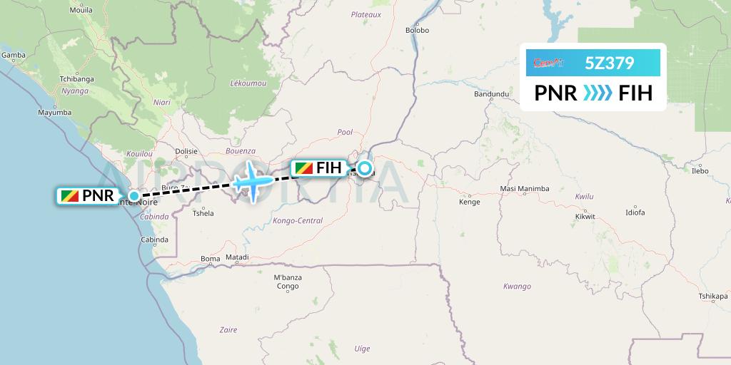 5Z379 CemAir Flight Map: Pointe Noire to Kinshasa