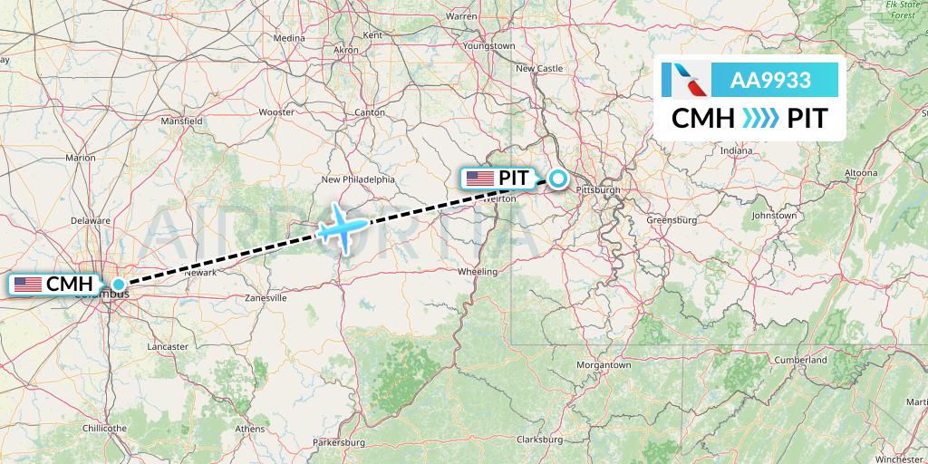 AA9933 American Airlines Flight Map: Columbus to Pittsburgh