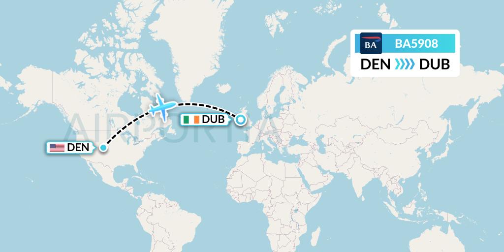 BA5908 British Airways Flight Map: Denver to Dublin