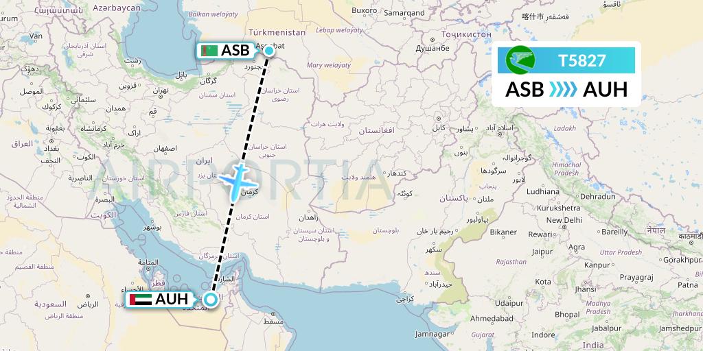 T5827 Turkmenistan Airlines Flight Map: Ashgabat to Abu Dhabi