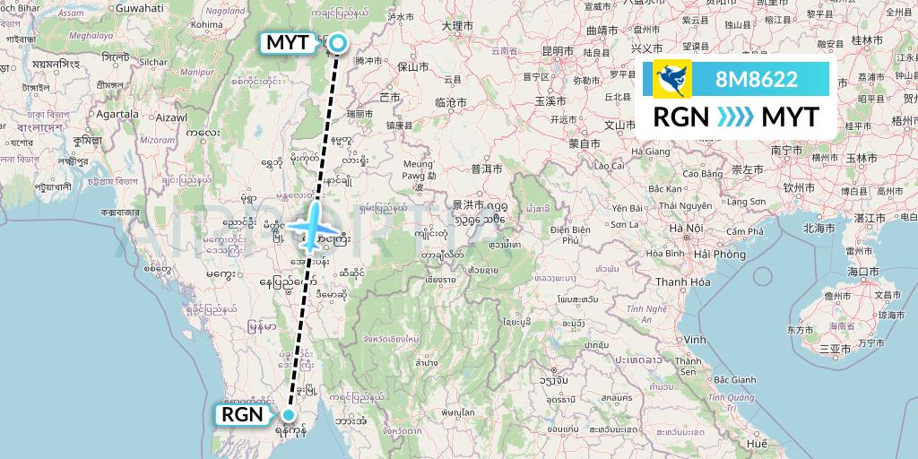 8M8622 Myanmar Airways International Flight Map: Yangon to Myitkyina