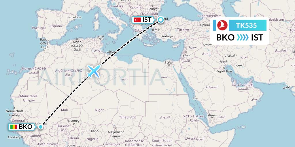 TK535 Turkish Airlines Flight Map: Bamako to Istanbul