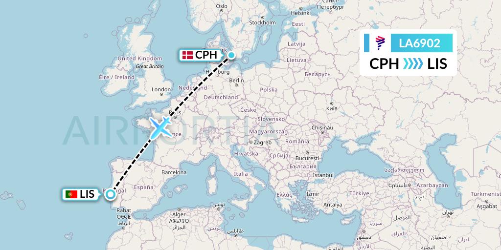 LA6902 LAN Airlines Flight Map: Copenhagen to Lisbon