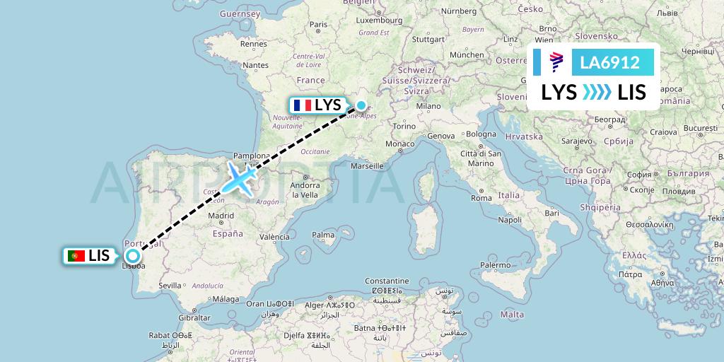 LA6912 LAN Airlines Flight Map: Lyon to Lisbon