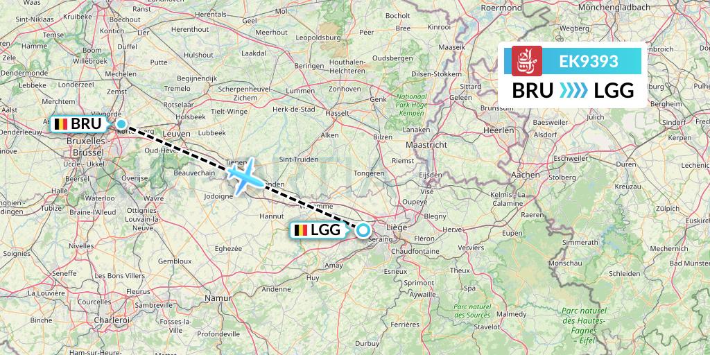 EK9393 Emirates Flight Map: Brussels to Liege