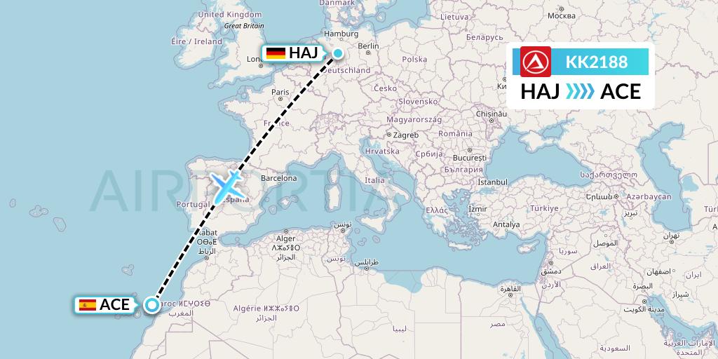 KK2188 Atlasjet Flight Map: Hannover to Lanzarote