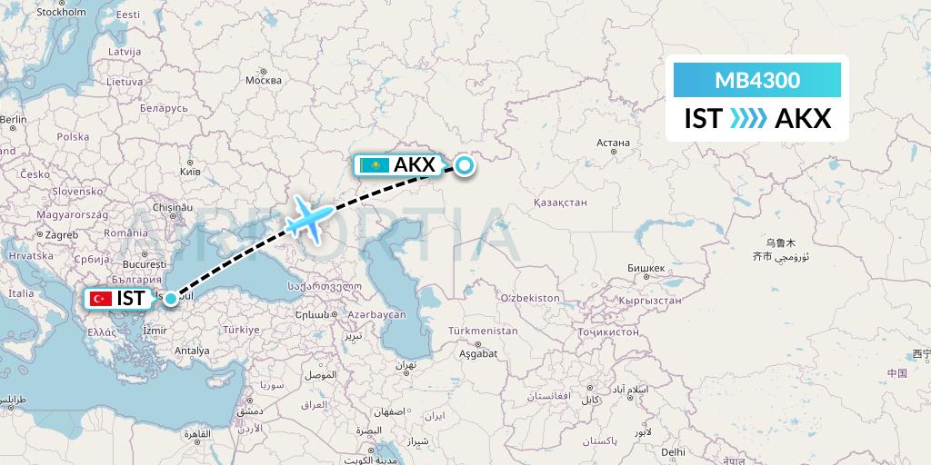 MB4300 MNG Airlines Flight Map: Istanbul to Aktobe