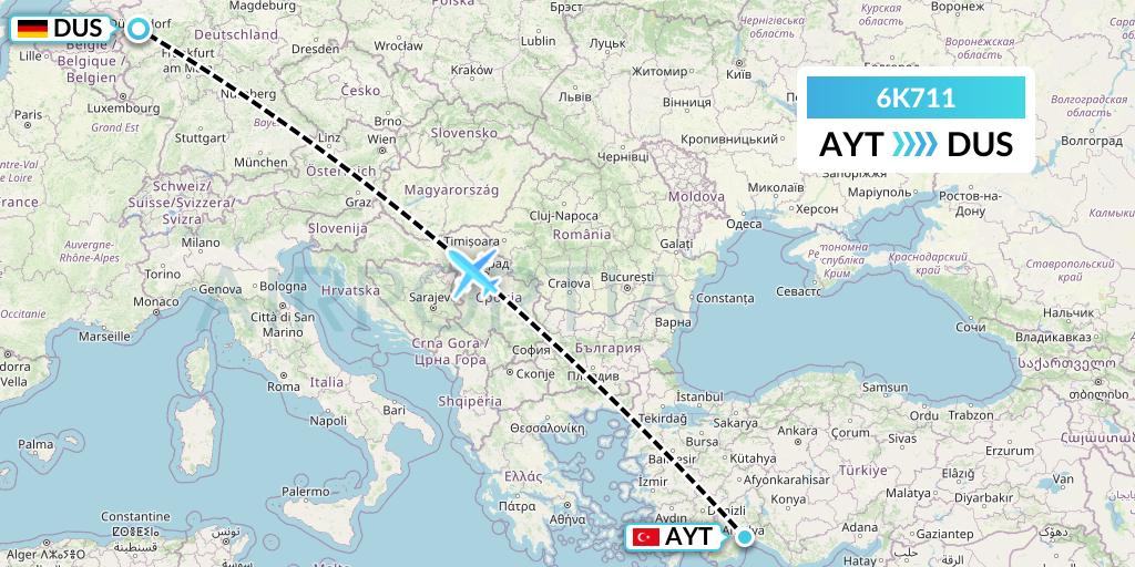 6K711 Songbird Airways Flight Map: Antalya to Dusseldorf