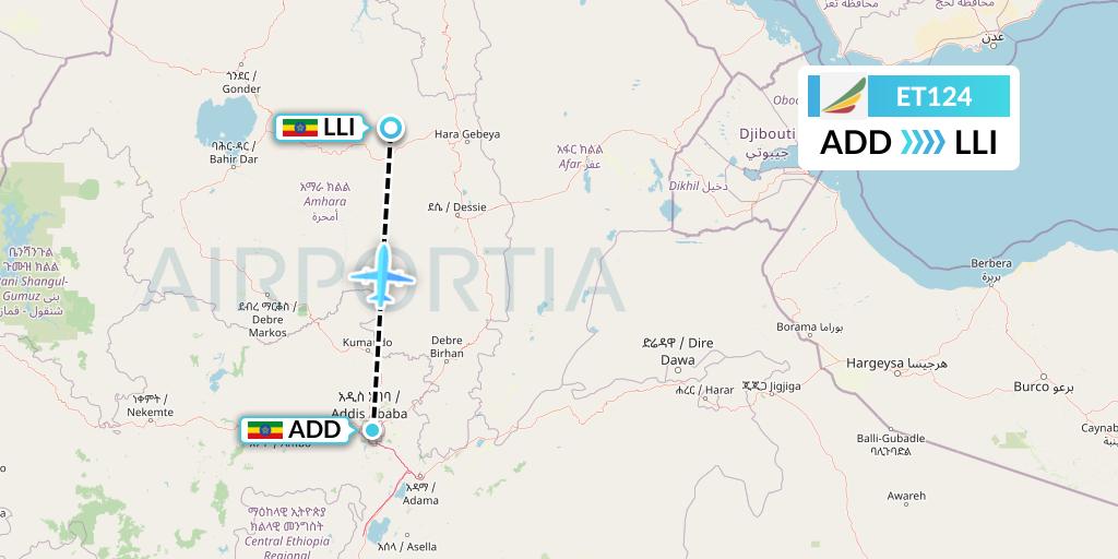 ET124 Ethiopian Airlines Flight Map: Addis Ababa to Lalibela