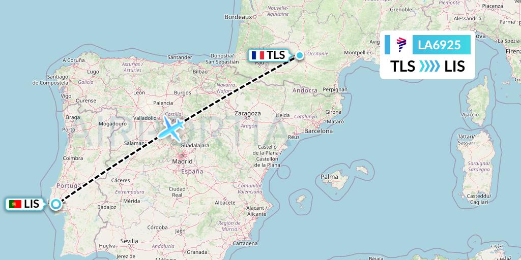 LA6925 LAN Airlines Flight Map: Toulouse to Lisbon