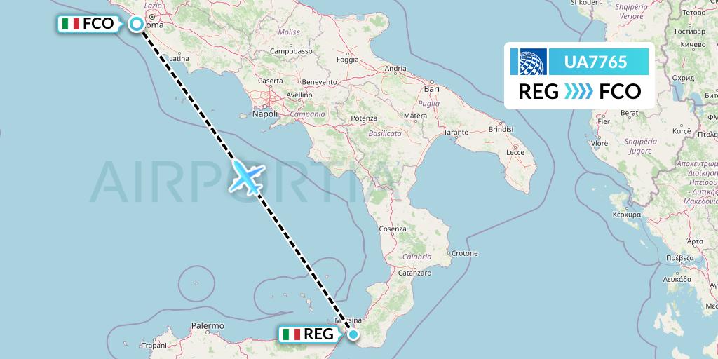 UA7765 United Airlines Flight Map: Reggio Calabria to Rome