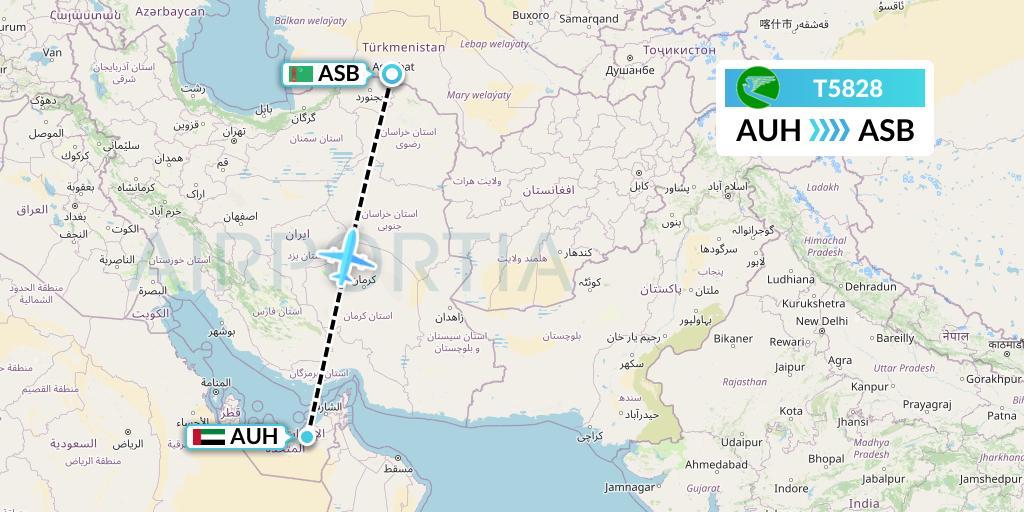 T5828 Turkmenistan Airlines Flight Map: Abu Dhabi to Ashgabat