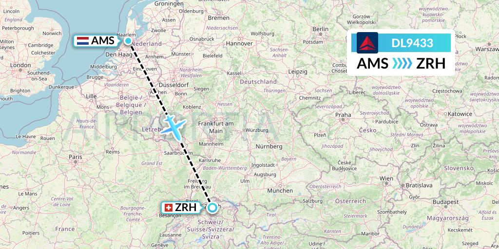 DL9433 Delta Air Lines Flight Map: Amsterdam to Zurich