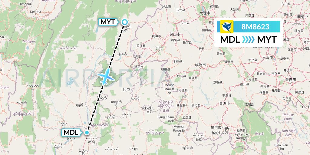 8M8623 Myanmar Airways International Flight Map: Mandalay to Myitkyina
