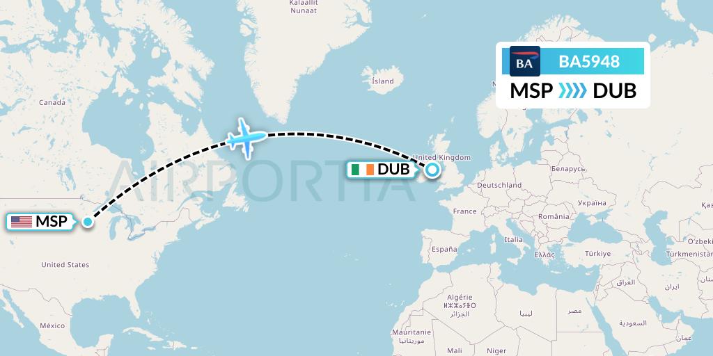 BA5948 British Airways Flight Map: Minneapolis to Dublin