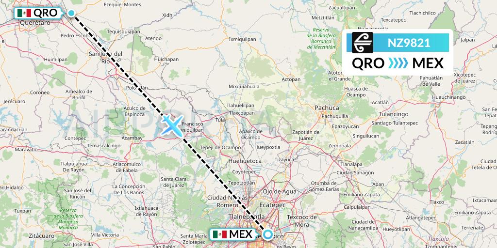 NZ9821 Air New Zealand Flight Map: Queretaro to Mexico City