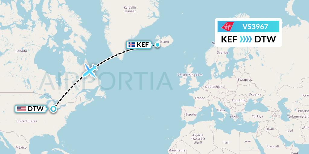 VS3967 Virgin Atlantic Airways Flight Map: Reykjavik to Detroit
