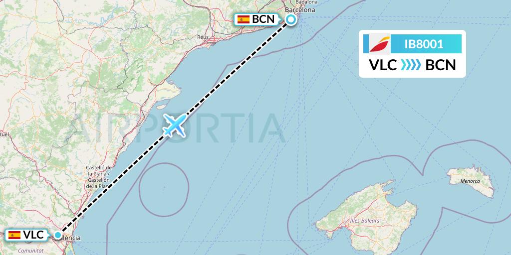 IB8001 Iberia Flight Map: Valencia to Barcelona
