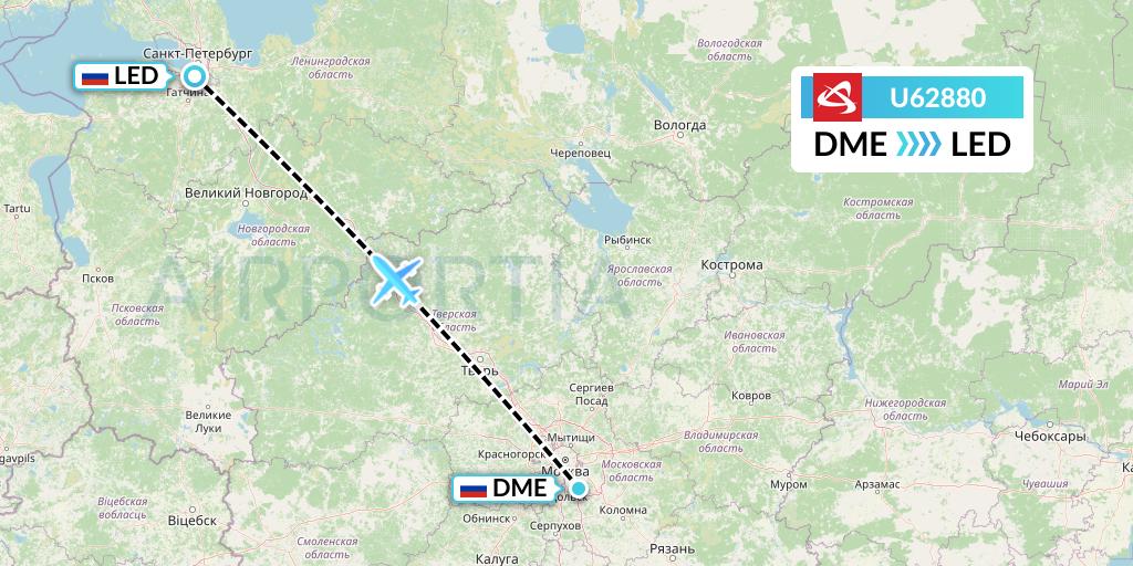 U62880 Ural Airlines Flight Map: Moscow to St. Petersburg