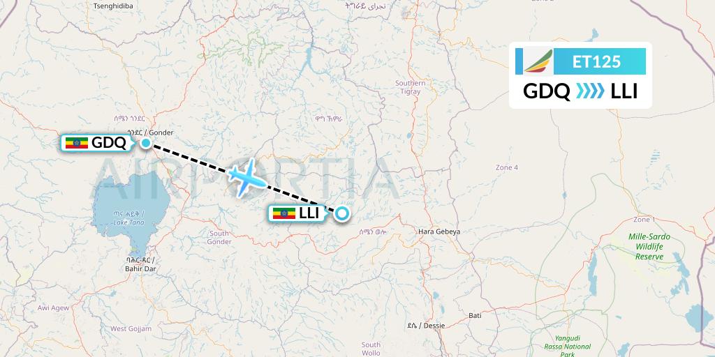ET125 Ethiopian Airlines Flight Map: Gondar to Lalibela