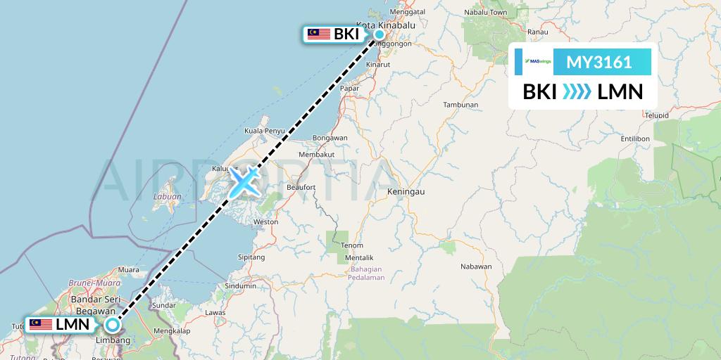 MY3161 MASwings Flight Map: Kota Kinabalu to Limbang