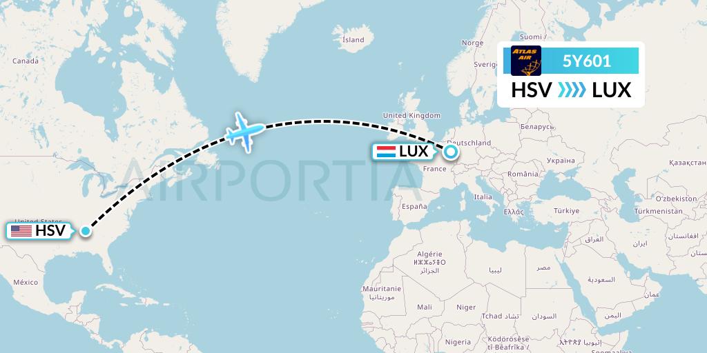 5Y601 Atlas Air Flight Map: Huntsville to Luxembourg