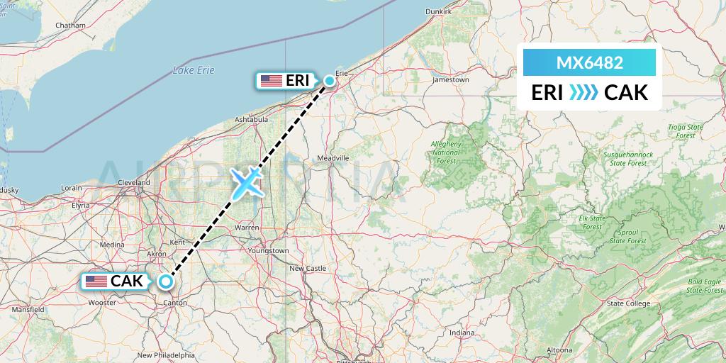 MX6482 Breeze Airways Flight Map: Erie to Akron