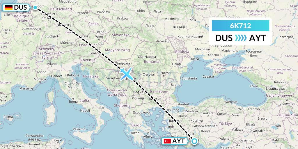 6K712 Songbird Airways Flight Map: Dusseldorf to Antalya