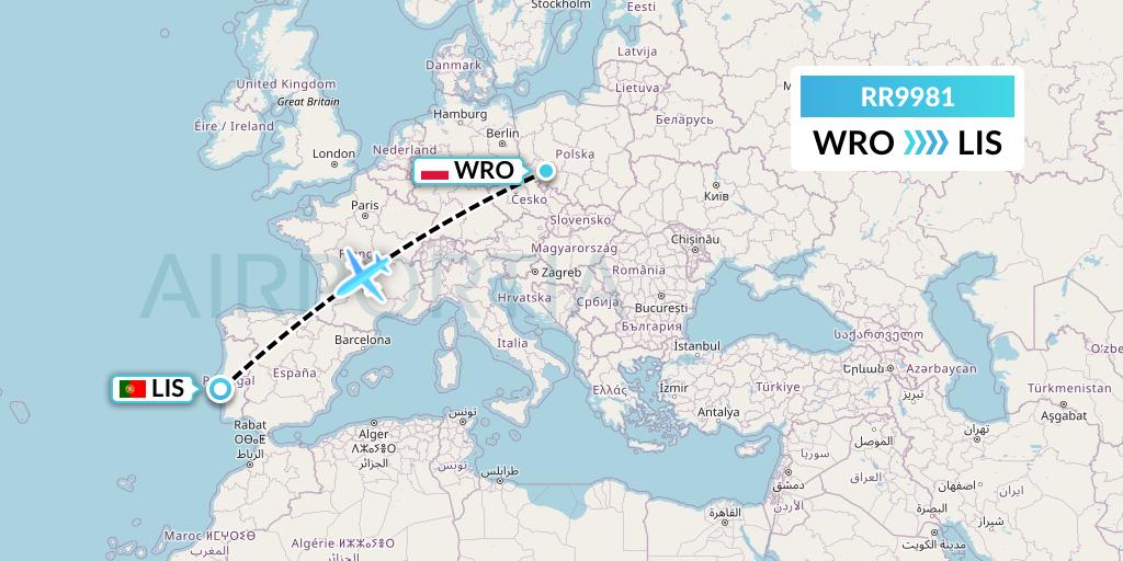 RR9981 Royal Air Force Flight Map: Wroclaw to Lisbon