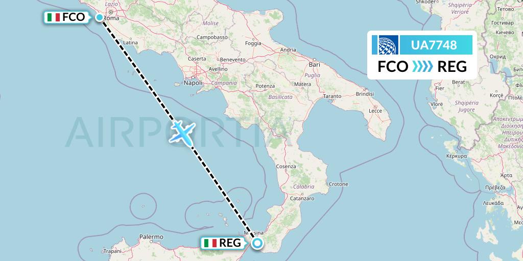 UA7748 United Airlines Flight Map: Rome to Reggio Calabria