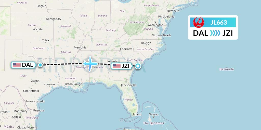 JL663 Japan Airlines Flight Map: Dallas to Charleston