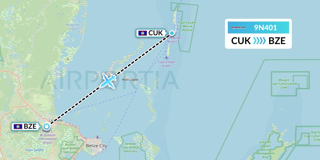 9N401 Tropic Air Flight Map: Caye Caulker to Belize City