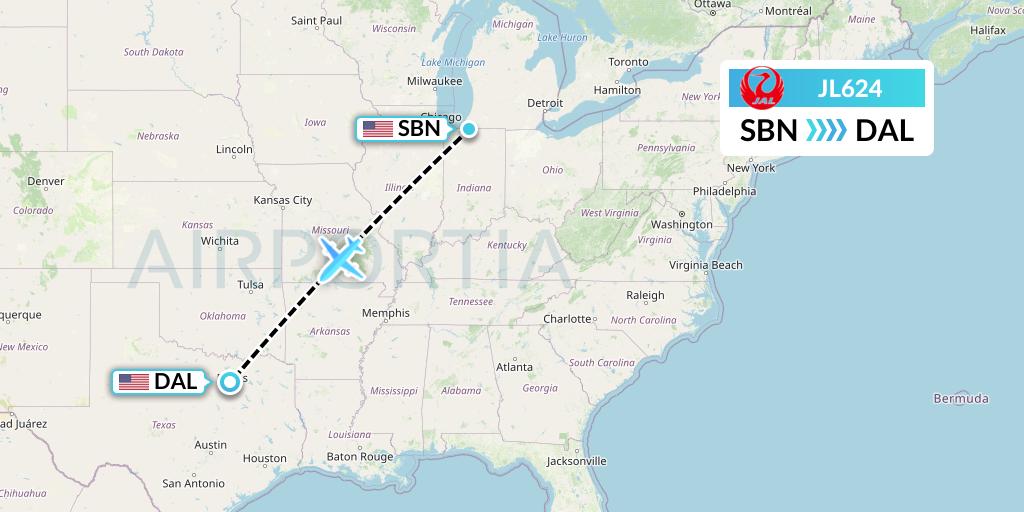 JL624 Japan Airlines Flight Map: South Bend to Dallas