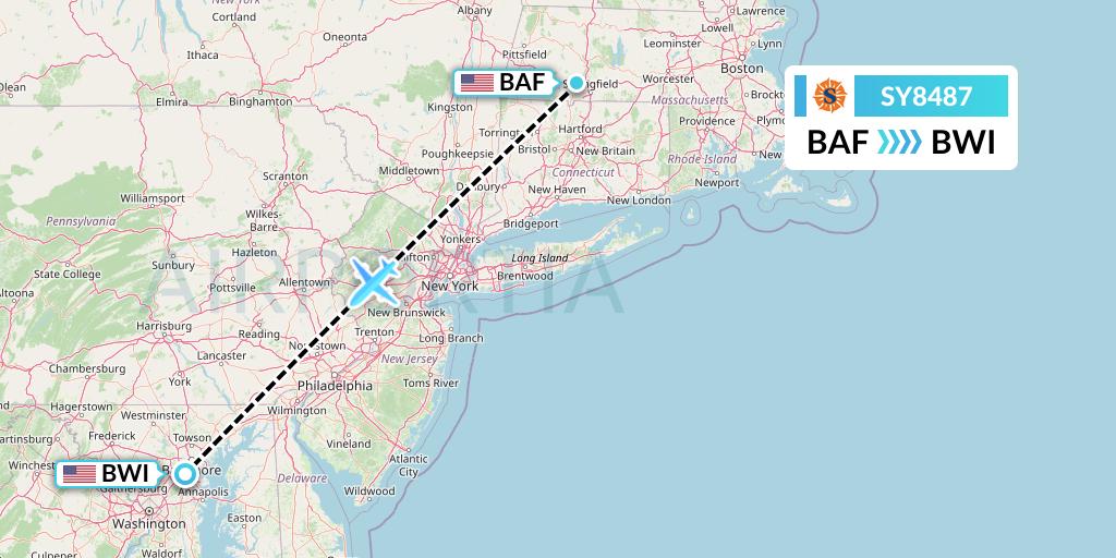 SY8487 Sun Country Airlines Flight Map: Westfield to Baltimore