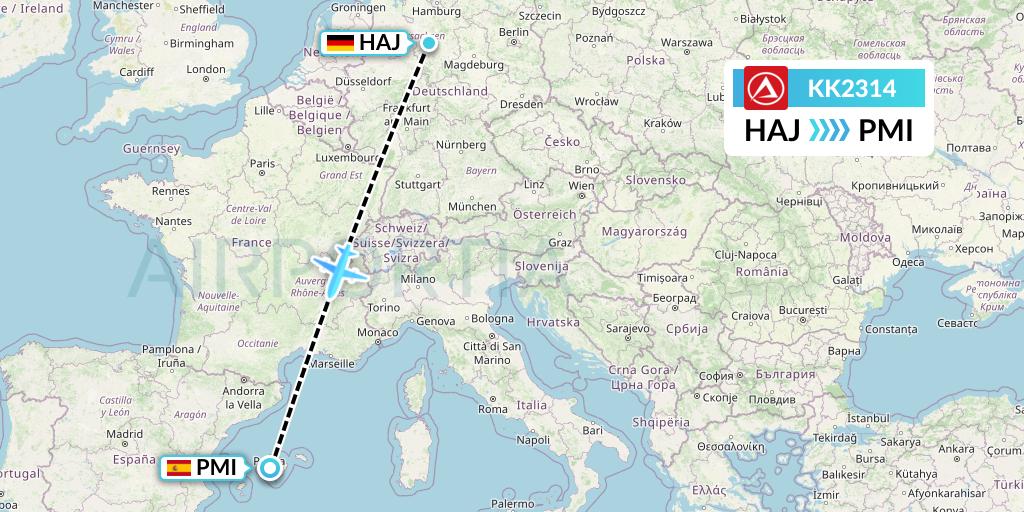 KK2314 Atlasjet Flight Map: Hannover to Palma de Mallorca