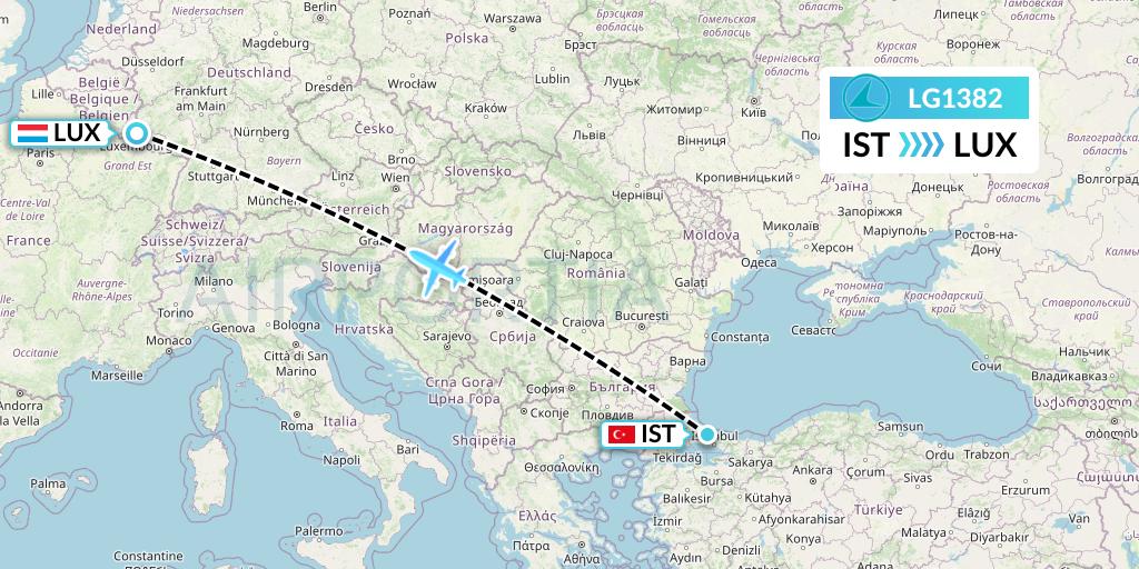 LG1382 Luxair Flight Map: Istanbul to Luxembourg