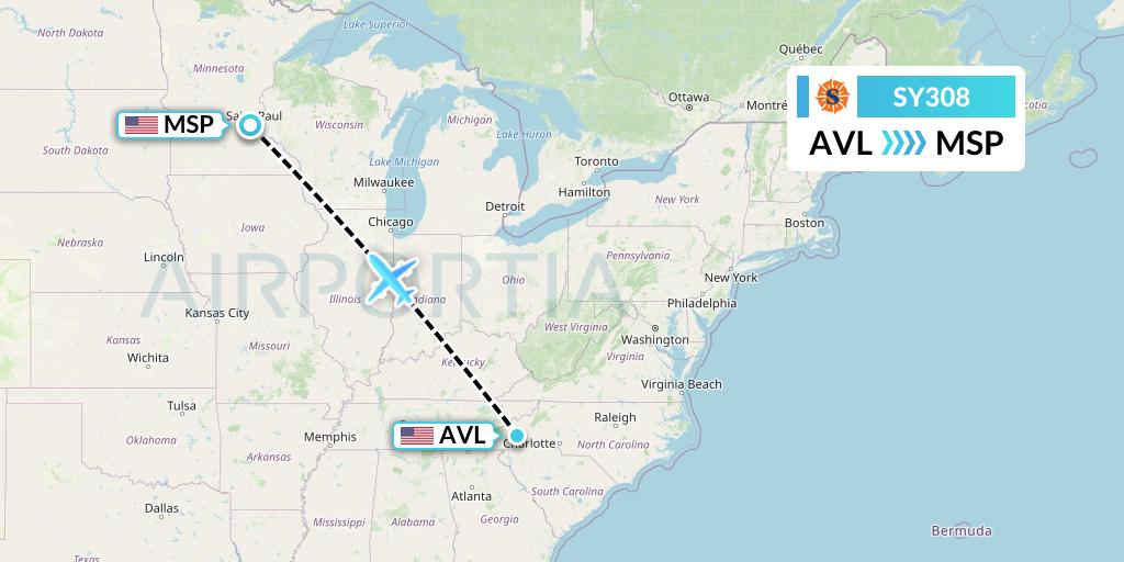 SY308 Sun Country Airlines Flight Map: Asheville to Minneapolis