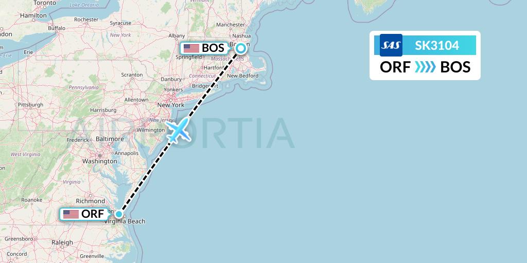 SK3104 SAS Flight Map: Norfolk to Boston
