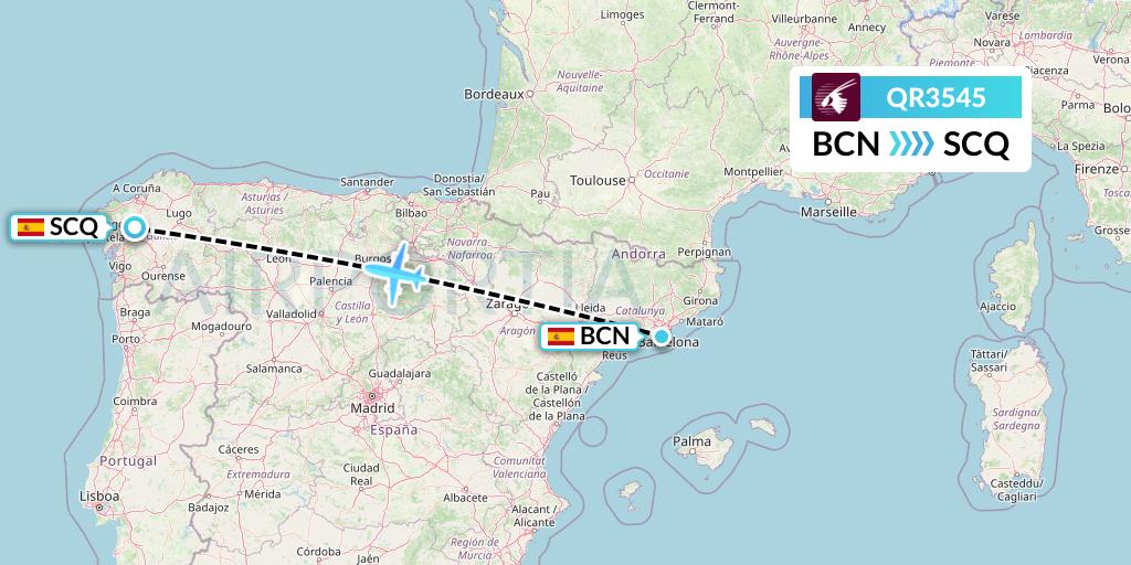 QR3545 Qatar Airways Flight Map: Barcelona to Santiago