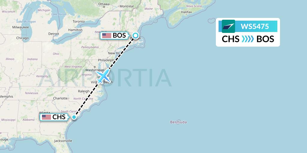 WS5475 WestJet Flight Map: Charleston to Boston