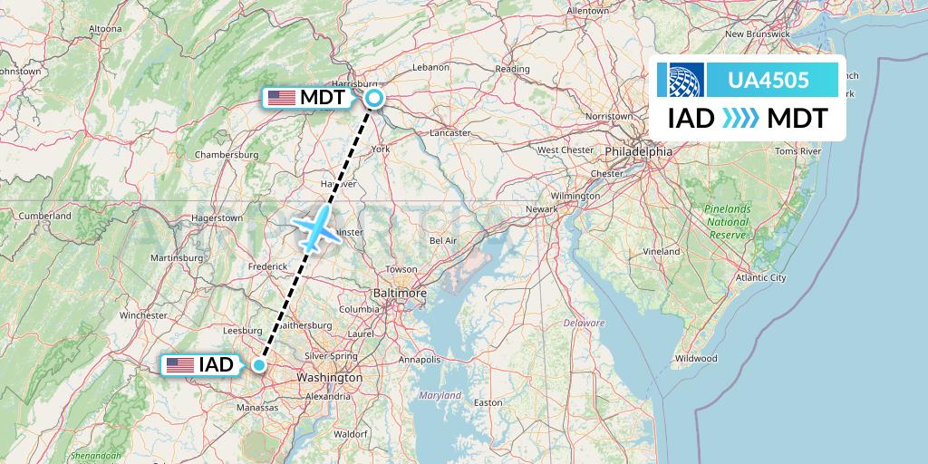 UA4505 United Airlines Flight Map: Washington to Harrisburg