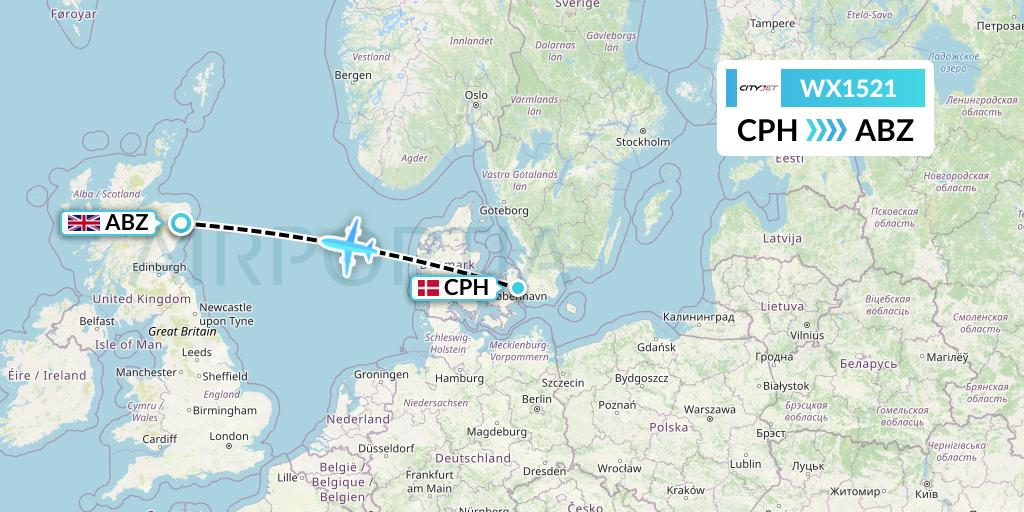 WX1521 Cityjet Flight Map: Copenhagen to Aberdeen