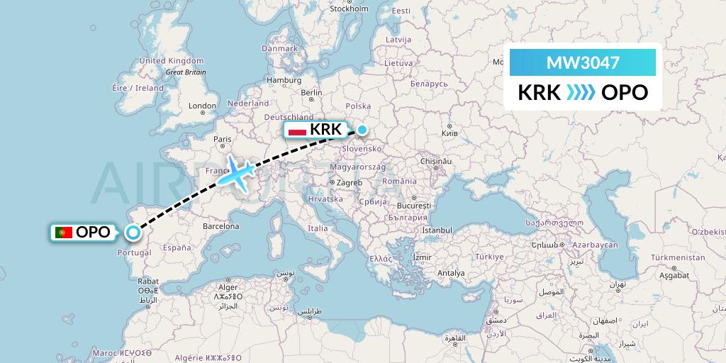 MW3047 Mokulele Flight Service Flight Map: Krakow to Porto