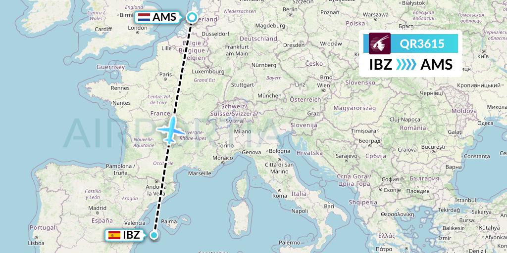 QR3615 Qatar Airways Flight Map: Ibiza to Amsterdam