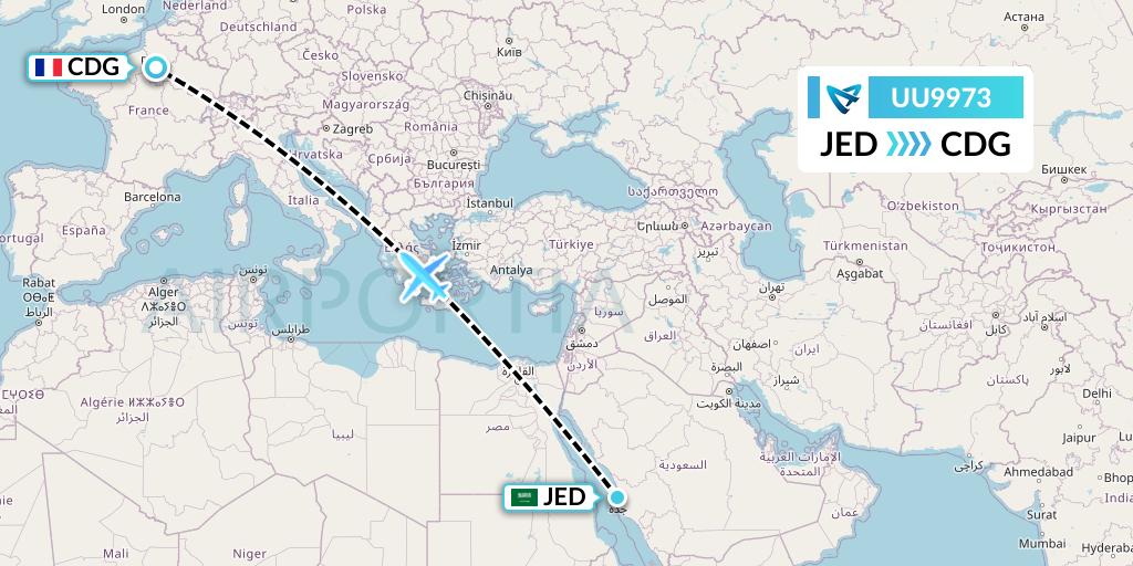 UU9973 Air Austral Flight Map: Jeddah to Paris