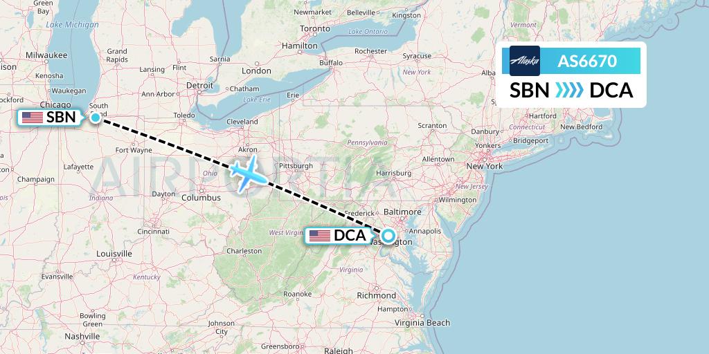 AS6670 Alaska Airlines Flight Map: South Bend to Washington