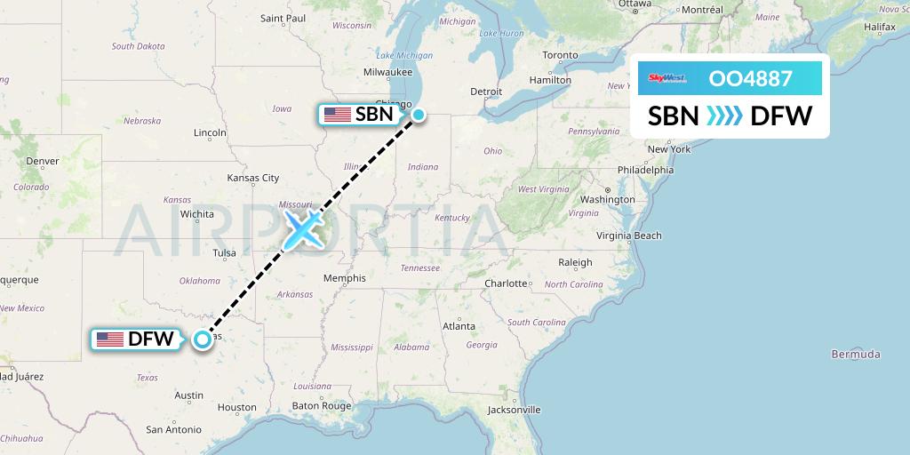 OO4887 SkyWest Airlines Flight Map: South Bend to Dallas