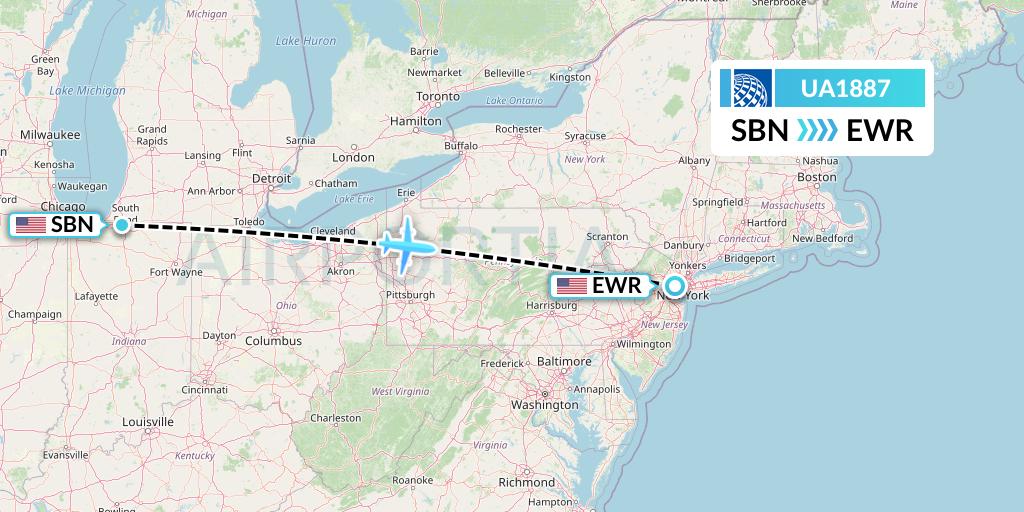 UA1887 United Airlines Flight Map: South Bend to New York