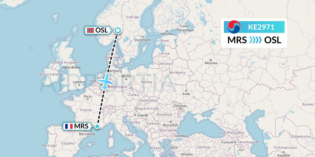 KE2971 Korean Air Flight Map: Marseille to Oslo