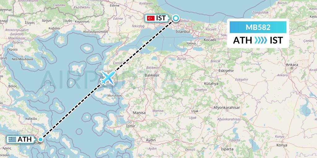 MB582 MNG Airlines Flight Map: Athens to Istanbul
